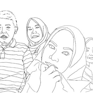 Ibu Dwi Restu's first embroidery design of her family. It features four figures sitting down.