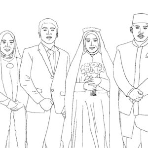 Ibu Dwi Restu's final embroidery design of her family. It features six figures standing in a line next to each other.