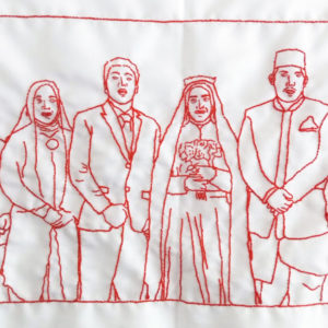 Ibu Dwi Restu's final embroidery of her family. It features six figures standing in a line next to each other.