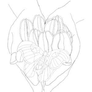 Ibu Qodar’s design of two hands holding a handful of starfruit with a butterfly on top.