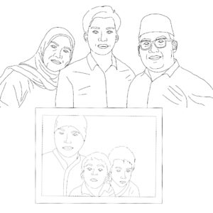 The first design of Ibu Quodar's embroidery, there are six figures with the bottom three in a frame.