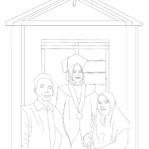 Ibu Munah's final design of her family. It features three figures standing in front of a building with a peaked roof. The girl in the middle has a graduation cap on and is smiling.