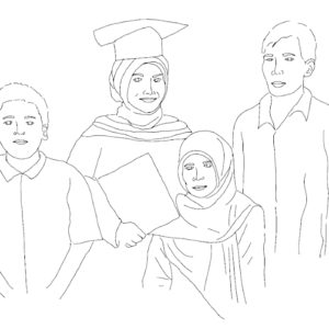 Ibu Suyanah's final design of her family. It features four figures standing together. The middle figure has a graduation cap on and is holding a diploma. She looks happy. She is surrounded by a young boy and a young girl and a man.