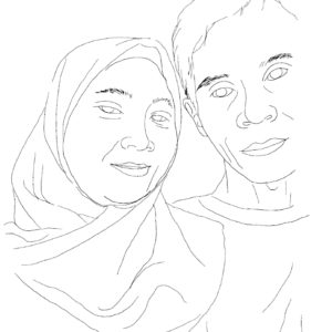 Ibu Dahlia's final design of her family. It features two figures from the shoulders up, herself in a hijab and her husband. Their heads are touching and they look happy and peaceful.