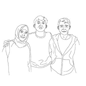 A pencil design of Ibu Mariah, her son and husband standing together. Her son is in the middle with his arm around her.