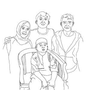 Ibu Mariah's final design of her family. There are four figures, a man and a woman and two boys, one standing between the parents and the younger boy sitting on a chair in front of everyone.