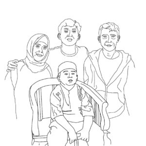 Ibu Mariah's final design of her family. There are four figures, a man and a woman and two boys, one standing between the parents and the younger boy sitting on a chair in front of everyone.