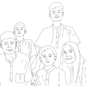 Ibu Marini's final design. There are five figures, a man and a woman and three children sitting close to each other with small smiles.