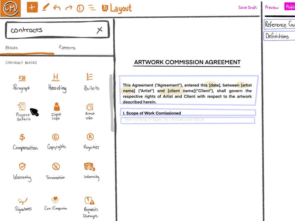 Image is a replication of the interface of the WordPress Gutenberg Block editor used to build websites. On the left are icons used to depict different blocks that can be used to build the contract, with a section next to it titled ‘Patterns.’ The middle section has the words “Artwork Commission Agreement” and with an introduction paragraph that outlines who each party in the agreement are, and what the scope of work is. Top right of the image has the words ‘save draft,’ ‘preview,’ and ‘publish’ to mimic the builder settings for creating the agreement document.