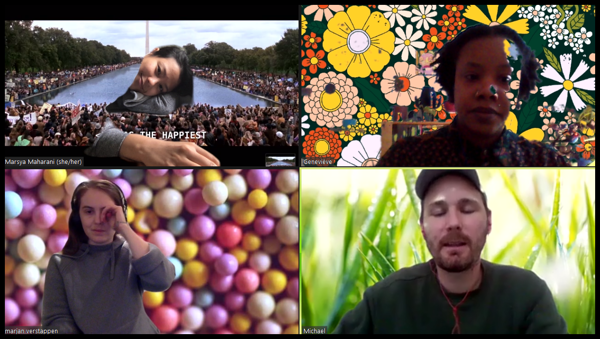 A zoom screen with Marsya, Marjan, Geneviève, and Michael.